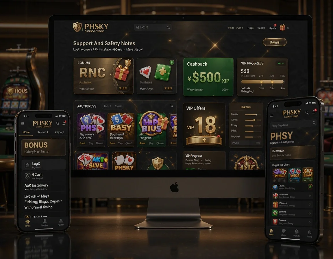 PHSKY Page: Home. Keyword: Home. H2: Support And Safety Notes. Paragraph: Support And Safety Notes Login recovery APK installation GCash or Maya deposit Withdrawal timing Bonus claim terms Helpful Next Pages Casino Guide Compare Slots, Live Casino, Fishing, Bingo, Lottery, and other product areas. Bonus. List items: Login recovery, APK installation, GCash or Maya deposit, Withdrawal timing. Visual direction: bonus and promotion dashboard with reward cards, cashback panel, VIP progress area and offer comparison modules.