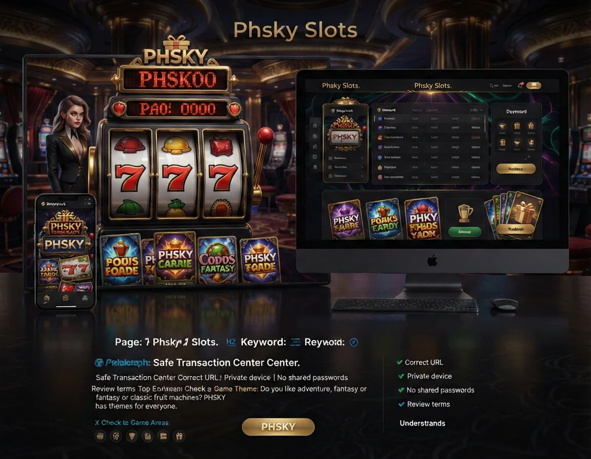 PHSKY Page: Phsky Slots. Keyword: Phsky Slots. H2: Safe Transaction Center. Paragraph: Safe Transaction Center Correct URL Private device No shared passwords Review terms Top Entertainment Areas Check the Game Theme: Do you like adventure, fantasy, or classic fruit machines? PHSKY has themes for everyone. Understand. List items: Correct URL, Private device, No shared passwords, Review terms. Visual direction: slot game lobby with slot reels, jackpot meters, game cards and premium casino dashboard.